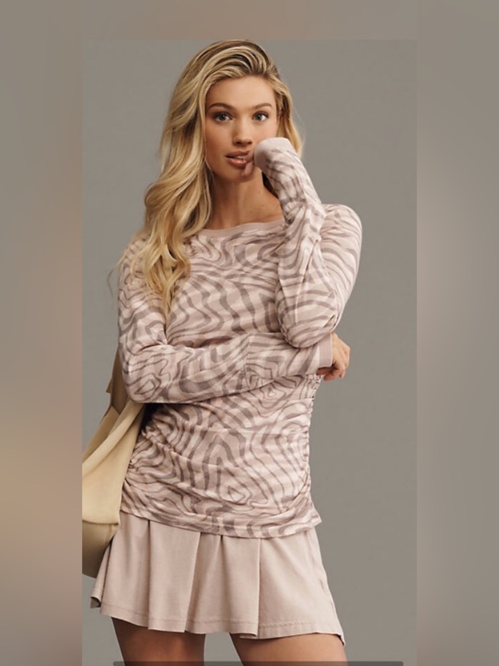Daily Practice Anthropologie Long-Sleeve Ruffle Mini Dress  Neutral Motif SZ M